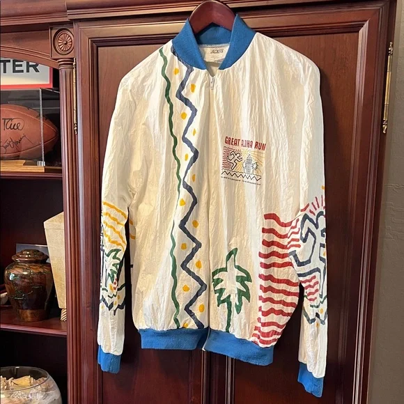Vintage Rare Great Aloha Run White & Blue Graphic Windbreaker Race Paper Jacket! - Picture 6 of 12